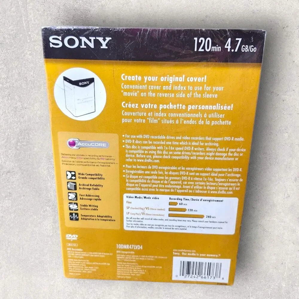 Sony DVD-R 10 Pack Sealed NOS 4.7GB 120min AccuCore Blank Discs Full Size Cases